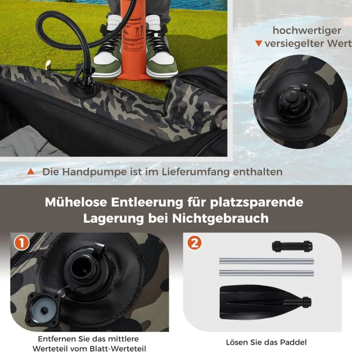 Aufbelasbares Schlauchboot Angelboot mit Verstellbarer Rückenlehne 135 x 109 x 54 cm Tarnung/Beige/Grau/Grün