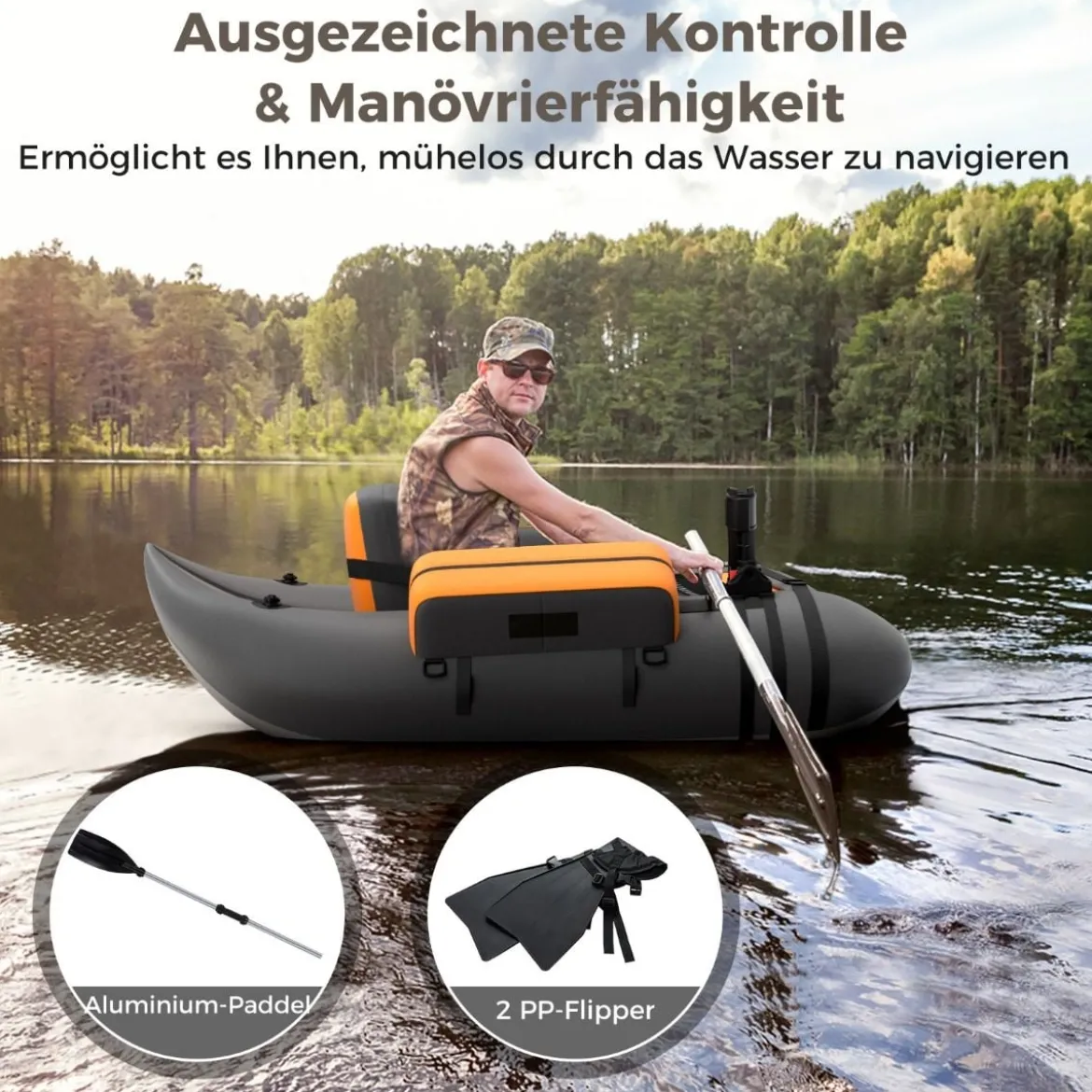 Aufbelasbares Schlauchboot Angelboot mit Verstellbarer Rückenlehne 135 x 109 x 54 cm Tarnung/Beige/Grau/Grün