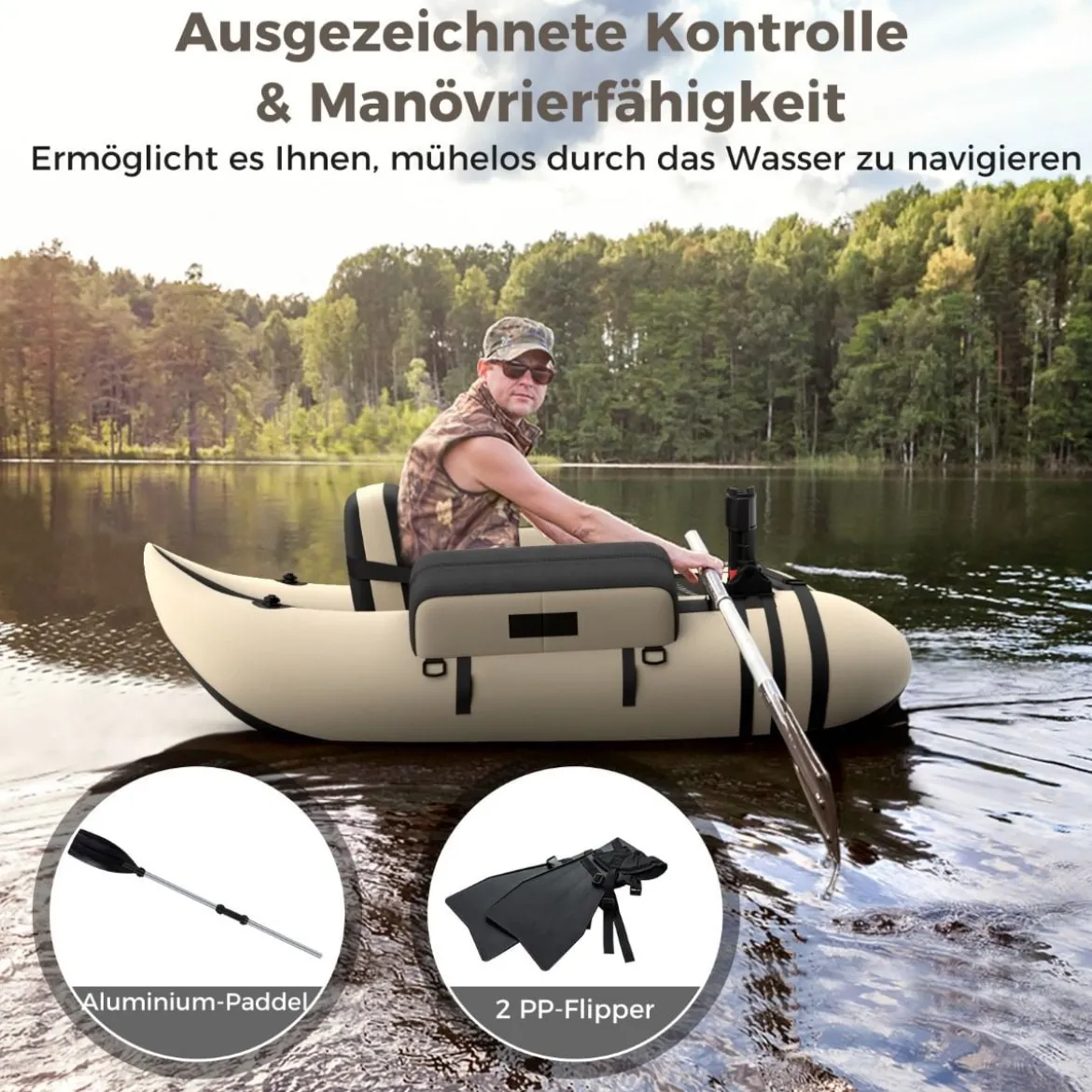 Aufbelasbares Schlauchboot Angelboot mit Verstellbarer Rückenlehne 135 x 109 x 54 cm Tarnung/Beige/Grau/Grün