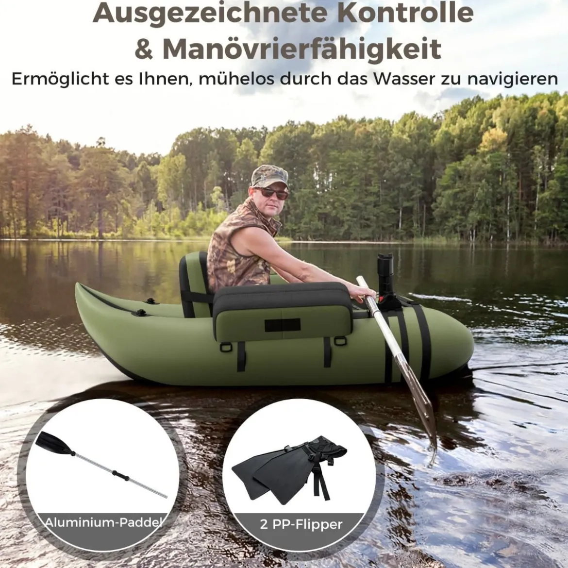 Aufbelasbares Schlauchboot Angelboot mit Verstellbarer Rückenlehne 135 x 109 x 54 cm Tarnung/Beige/Grau/Grün