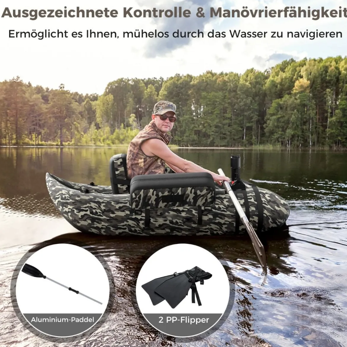 Aufbelasbares Schlauchboot Angelboot mit Verstellbarer Rückenlehne 135 x 109 x 54 cm Tarnung/Beige/Grau/Grün