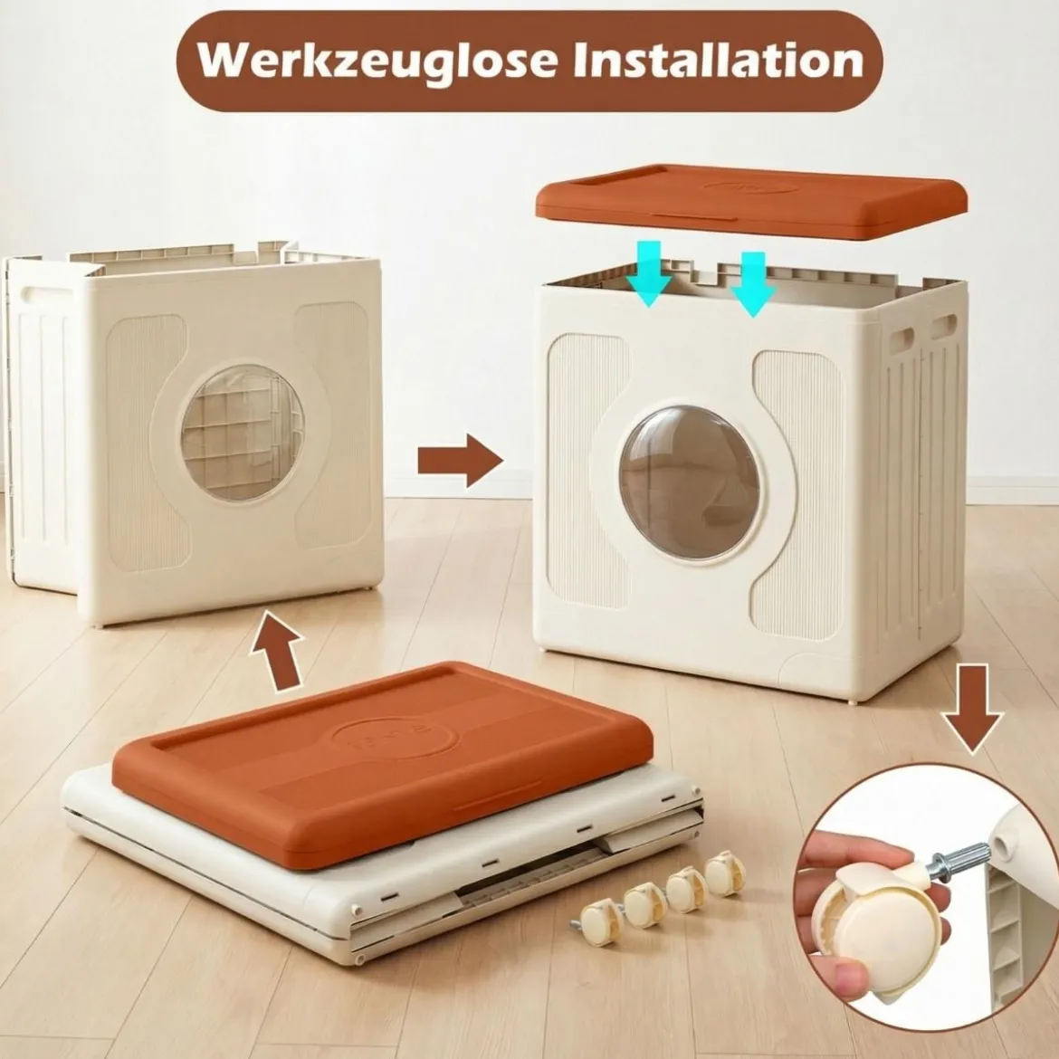 Aufbewahrungsbox für Kleidung mit Deckel und Rollen 122 L rollbarer Wäschekorb Orange