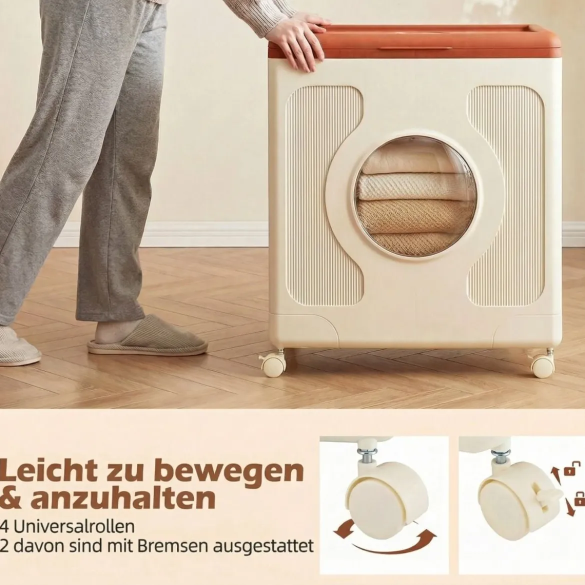 Aufbewahrungsbox für Kleidung mit Deckel und Rollen 122 L rollbarer Wäschekorb Orange