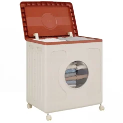 Aufbewahrungsbox für Kleidung mit Deckel und Rollen 122 L rollbarer Wäschekorb Orange