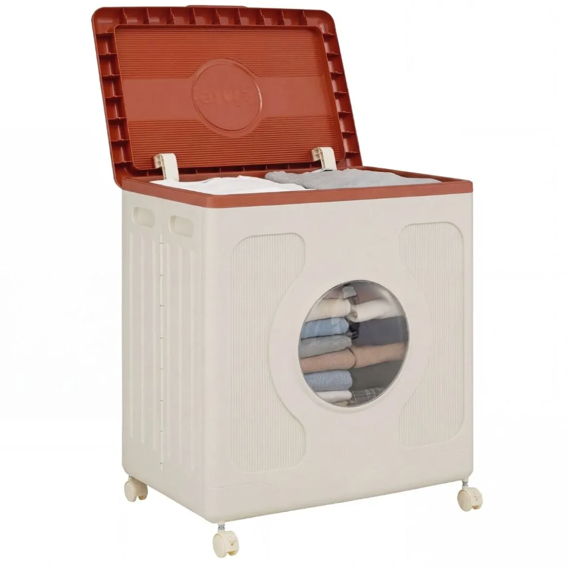 Aufbewahrungsbox für Kleidung mit Deckel und Rollen 122 L rollbarer Wäschekorb Orange