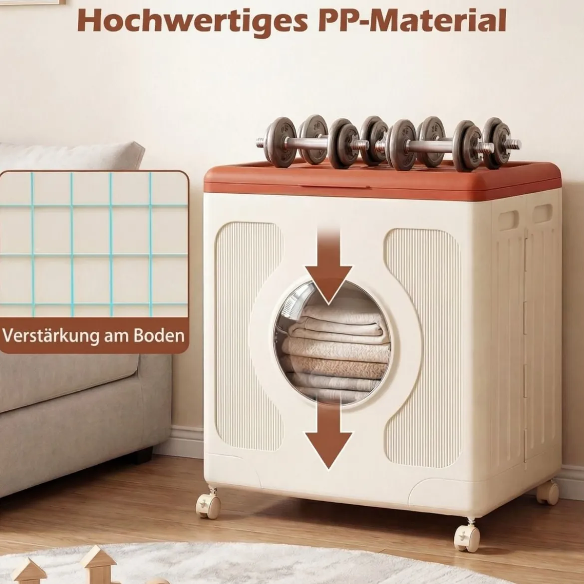Aufbewahrungsbox für Kleidung mit Deckel und Rollen 122 L rollbarer Wäschekorb Orange