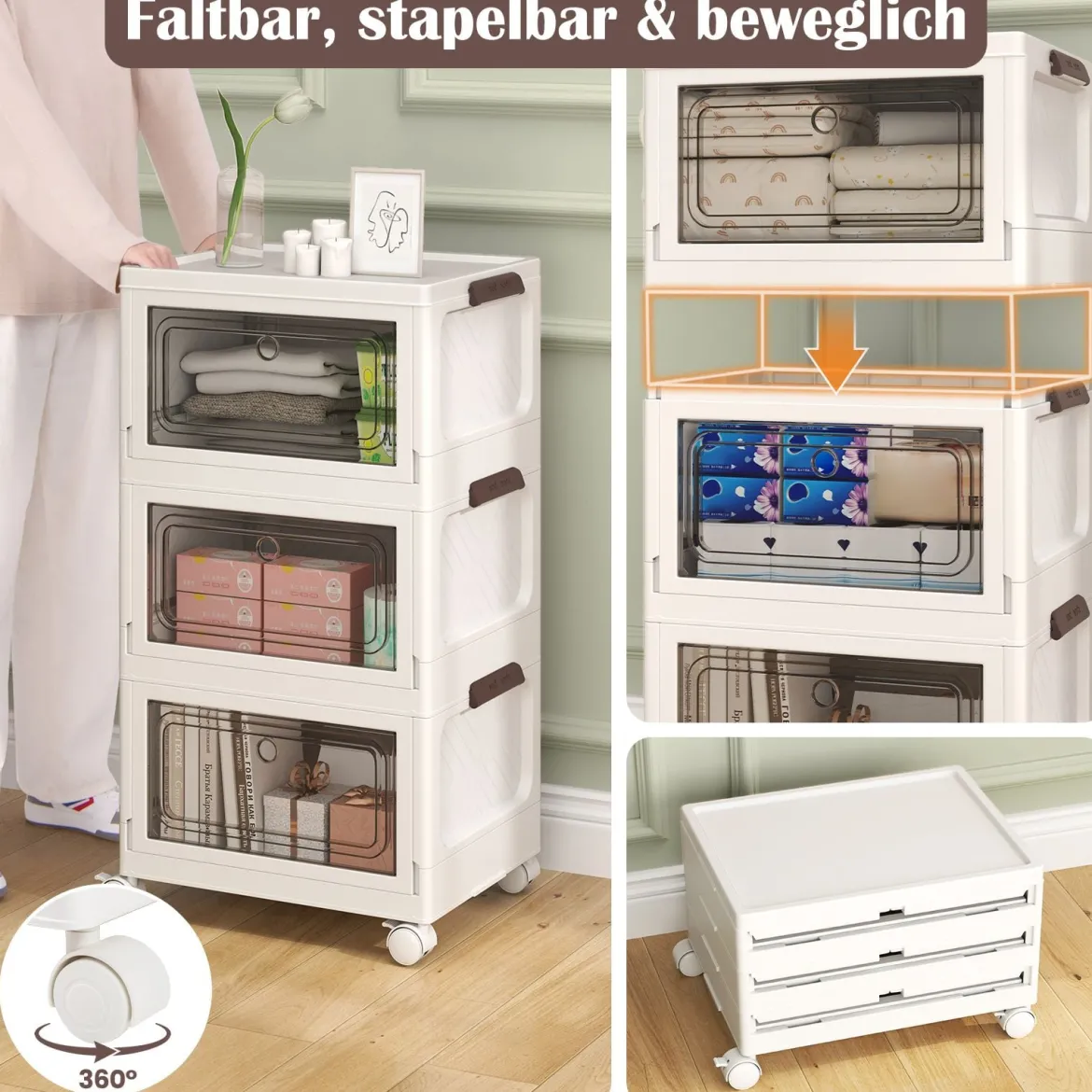 Aufbewahrungsbox mit Deckel faltbar Boxen Aufbewahrung 3er Set Kunststoffbox stapelbar Weiß (75 L)