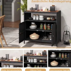 Aufbewahrungsschrank aus Rattan mit Arbeitsplatte aus Akazienholz & Offenes Fach