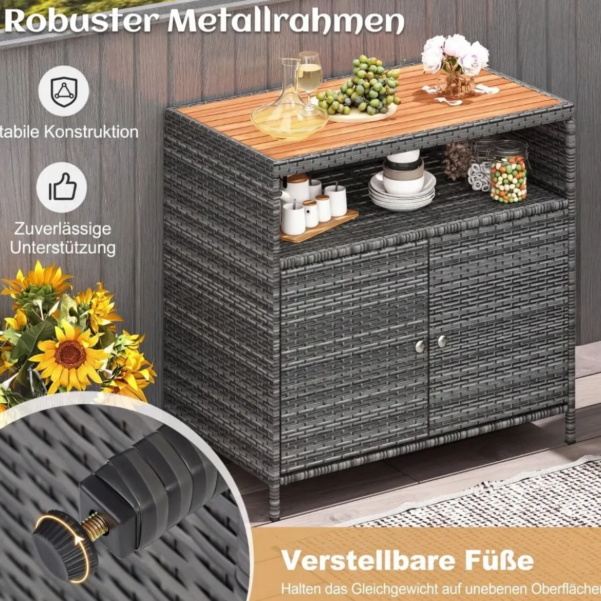 Aufbewahrungsschrank aus Rattan mit Arbeitsplatte aus Akazienholz & Offenes Fach