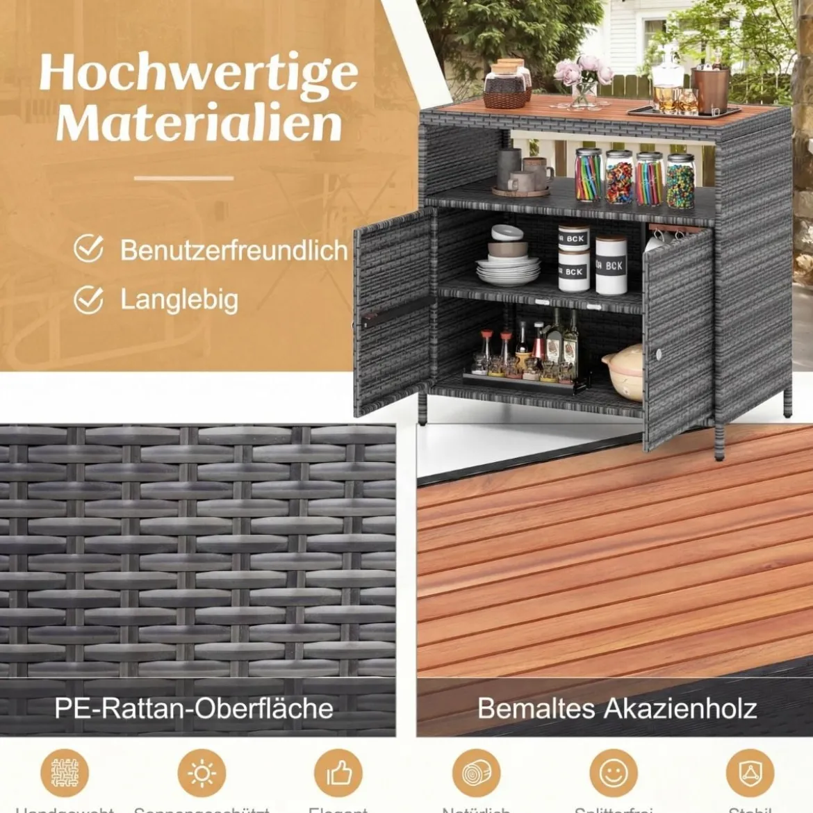 Aufbewahrungsschrank aus Rattan mit Arbeitsplatte aus Akazienholz & Offenes Fach