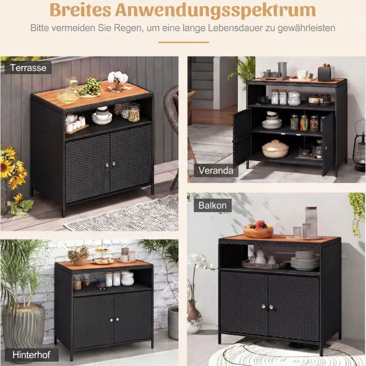 Aufbewahrungsschrank aus Rattan mit Arbeitsplatte aus Akazienholz & Offenes Fach