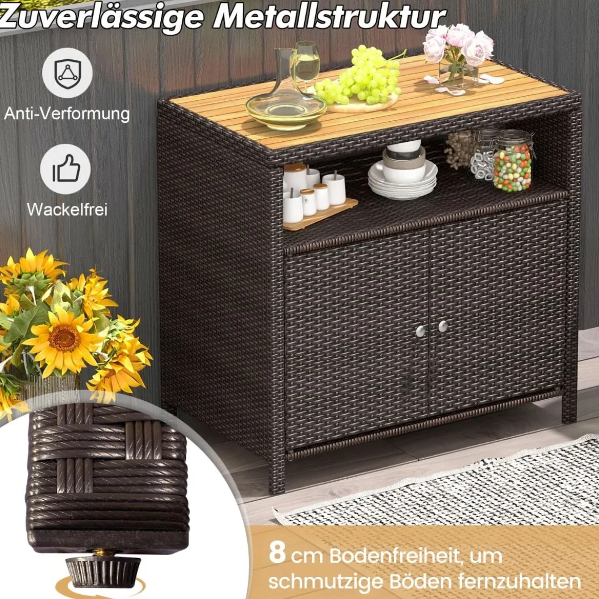 Aufbewahrungsschrank aus Rattan mit Arbeitsplatte aus Akazienholz & Offenes Fach
