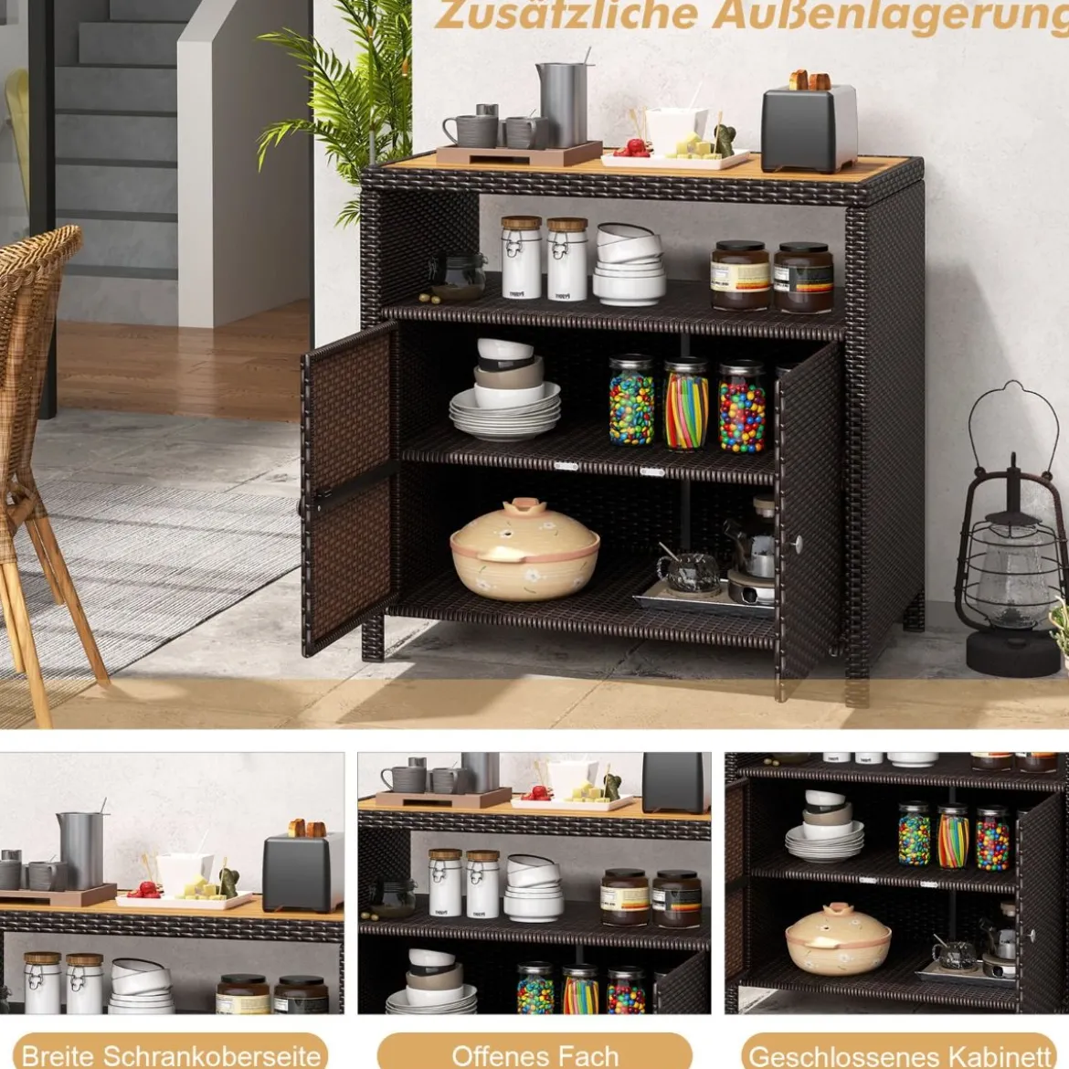 Aufbewahrungsschrank aus Rattan mit Arbeitsplatte aus Akazienholz & Offenes Fach