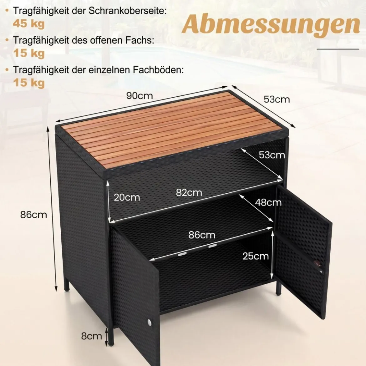Aufbewahrungsschrank aus Rattan mit Arbeitsplatte aus Akazienholz & Offenes Fach
