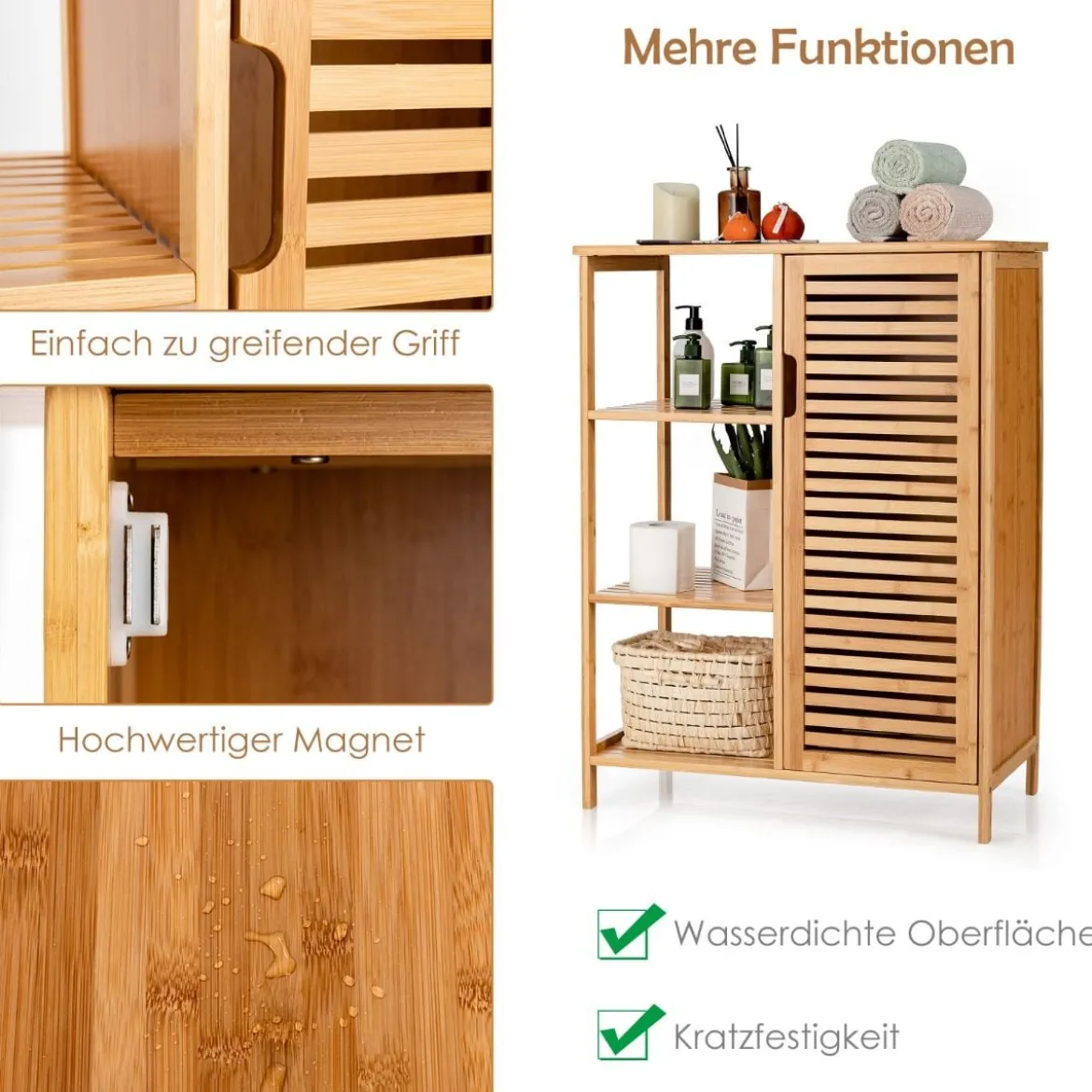 Aufbewahrungsschrank Mehrzweckschrank aus Bambus Badschrank mit 3-stufiges offenes Regal & Schrank Kommode