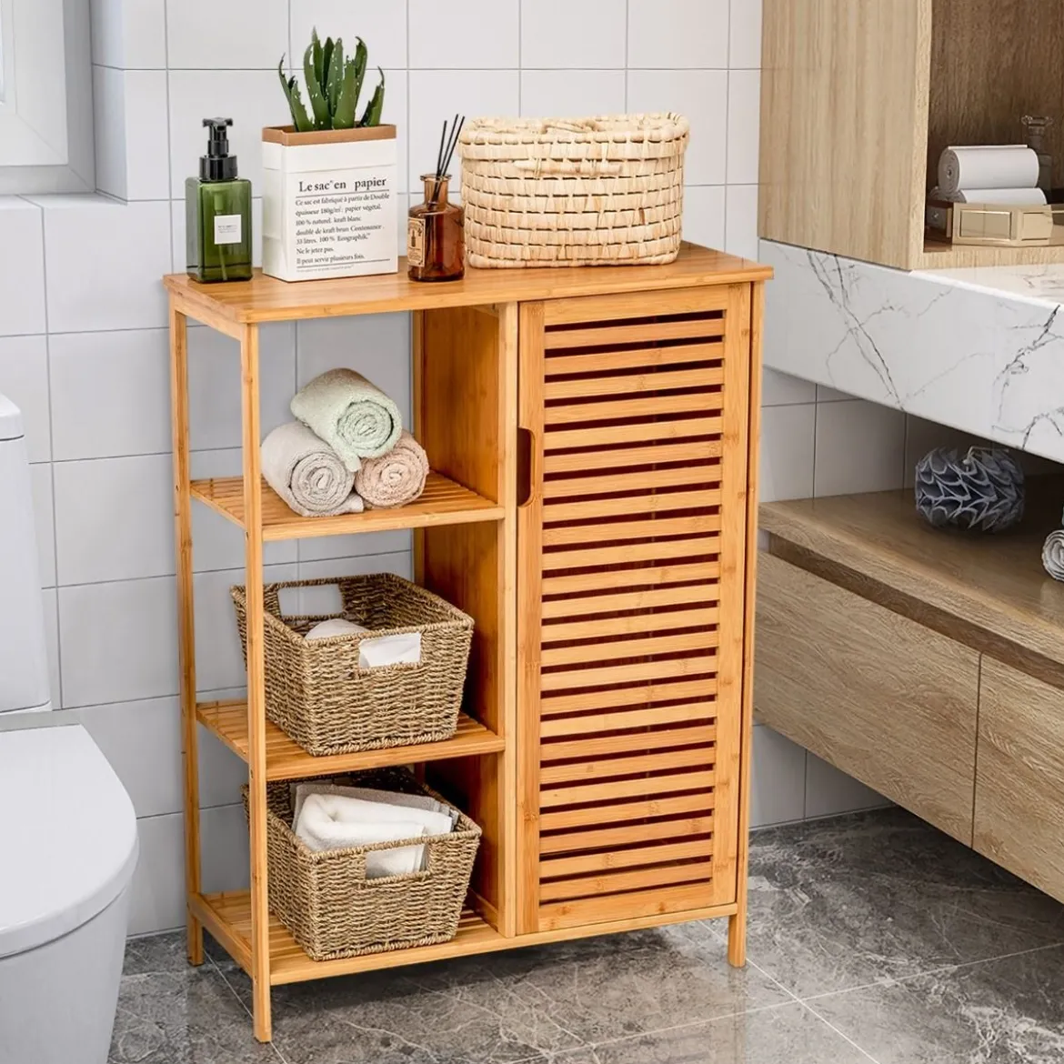 Aufbewahrungsschrank Mehrzweckschrank aus Bambus Badschrank mit 3-stufiges offenes Regal & Schrank Kommode