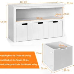 Aufbewahrungsschrank mit Schubladen Holz-Kinderschrank mit Rädern 101 x 33 x 62cm Weiß