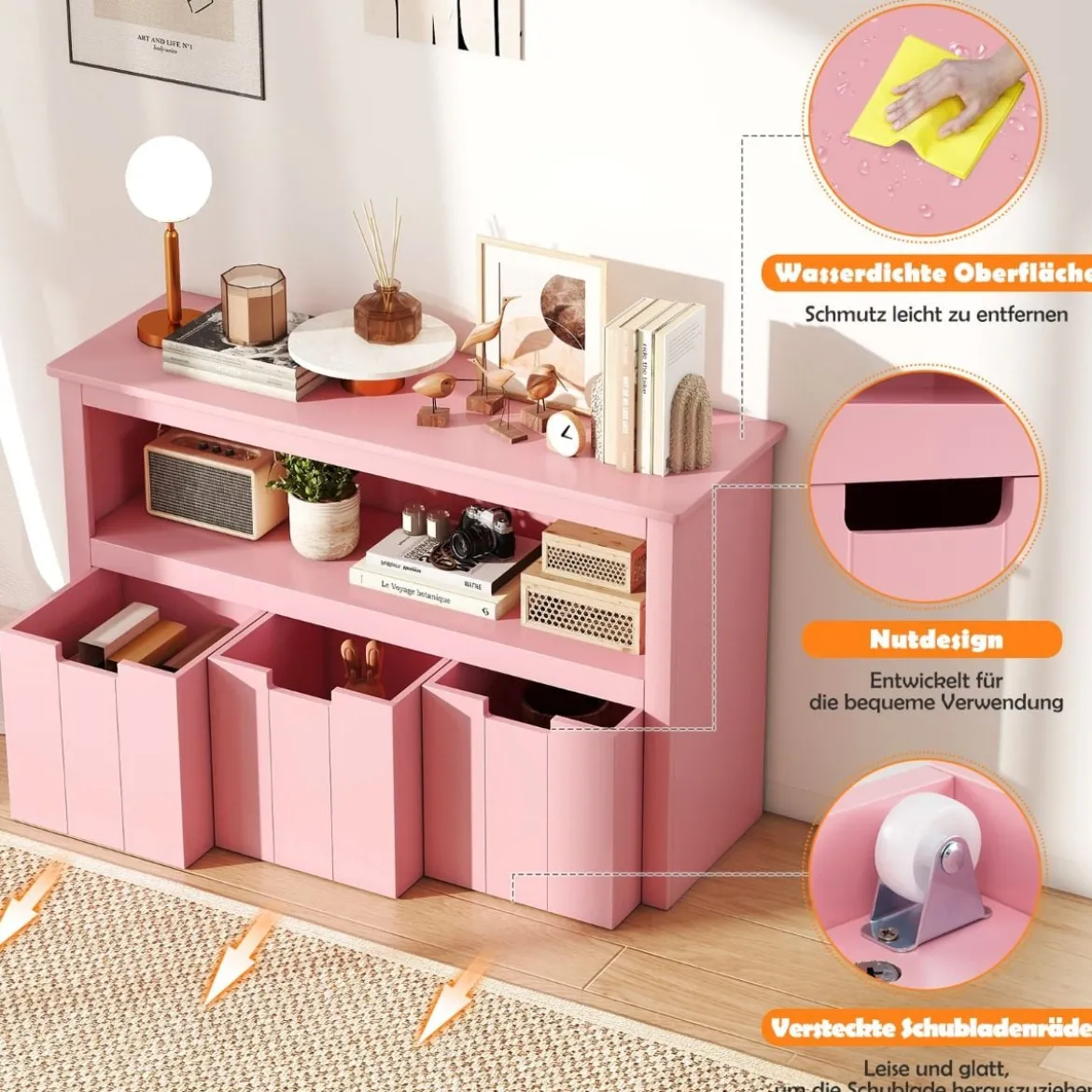 Aufbewahrungsschrank mit Schubladen Holz-Kinderschrank mit Rädern 101 x 33 x 62 cm Rosa