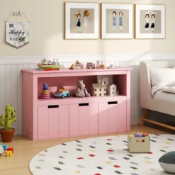 Aufbewahrungsschrank mit Schubladen Holz-Kinderschrank mit Rädern 101 x 33 x 62 cm Rosa