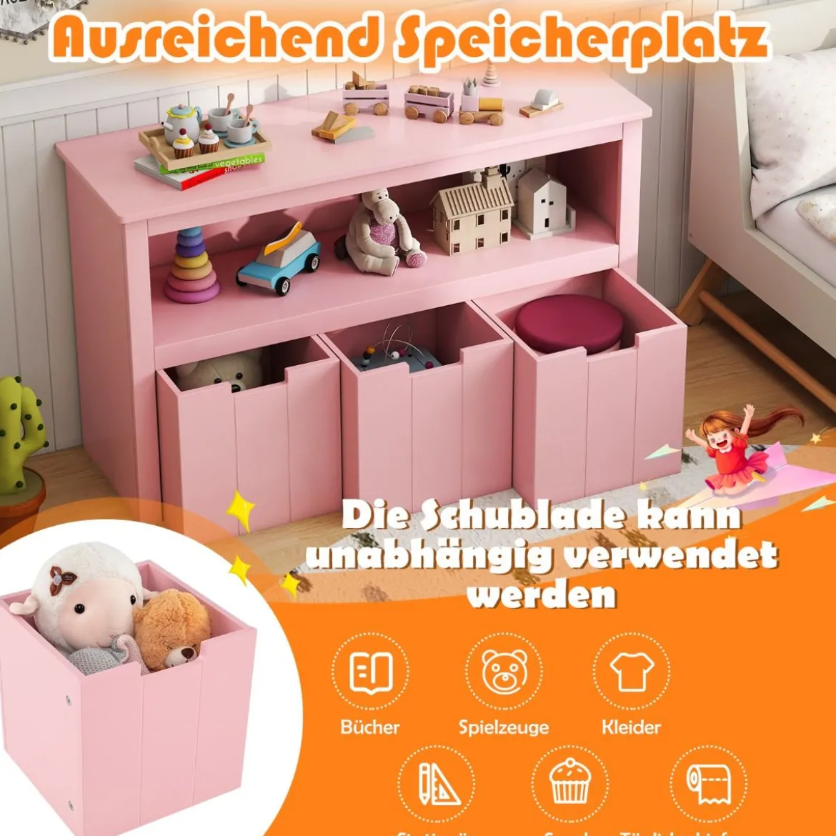 Aufbewahrungsschrank mit Schubladen Holz-Kinderschrank mit Rädern 101 x 33 x 62 cm Rosa