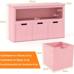 Aufbewahrungsschrank mit Schubladen Holz-Kinderschrank mit Rädern 101 x 33 x 62 cm Rosa
