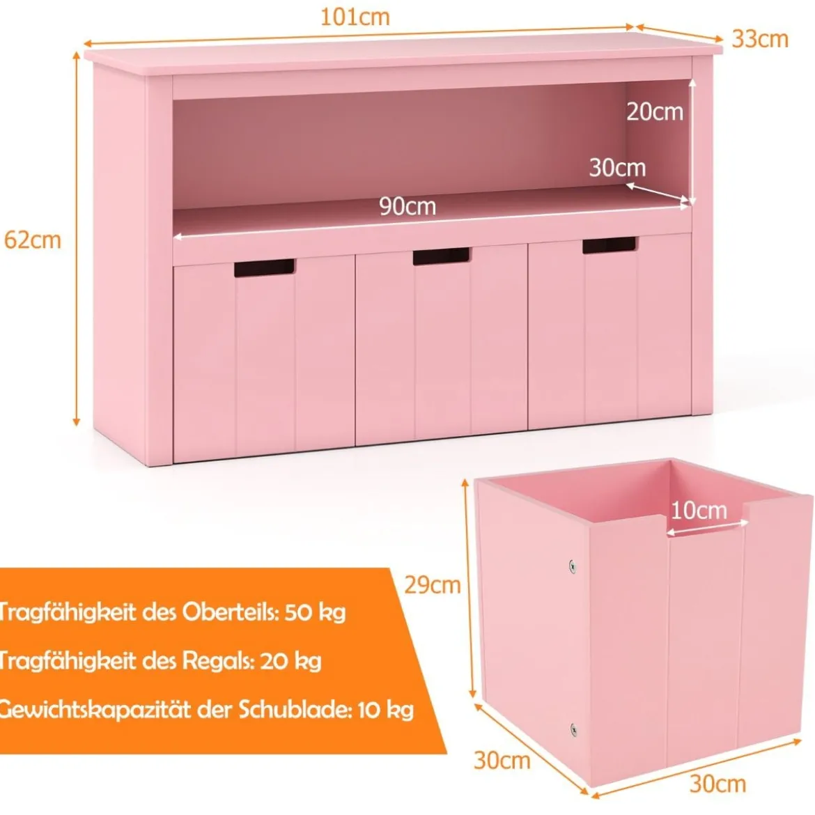 Aufbewahrungsschrank mit Schubladen Holz-Kinderschrank mit Rädern 101 x 33 x 62 cm Rosa