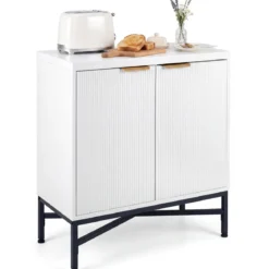 Aufbewahrungsschrank Sideboard aus Holz mit Geriffelten Türen & Robustem Metallgestell Weiß