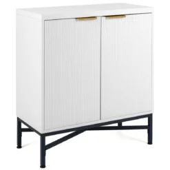 Aufbewahrungsschrank Sideboard aus Holz mit Geriffelten Türen & Robustem Metallgestell Weiß