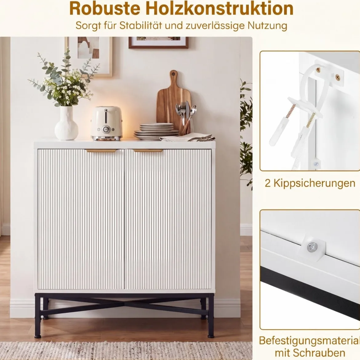 Aufbewahrungsschrank Sideboard aus Holz mit Geriffelten Türen & Robustem Metallgestell Weiß