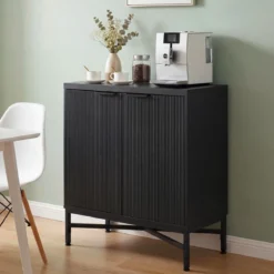 Aufbewahrungsschrank Sideboard aus Holz mit Geriffelten Türen & Robustem Metallgestell Schwarz