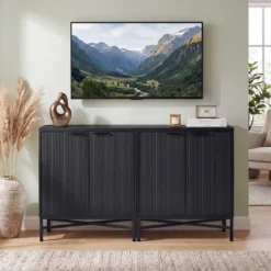 Aufbewahrungsschrank Sideboard aus Holz mit Geriffelten Türen & Robustem Metallgestell Schwarz