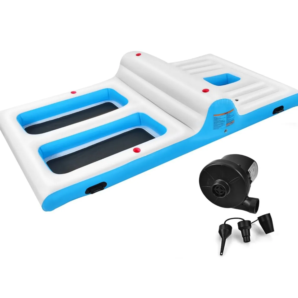 Aufblasbare Badeinsel mit 130W Luftpumpe für 4 Erwachsene 366 x 197 x 66 cm Weiß + Blau