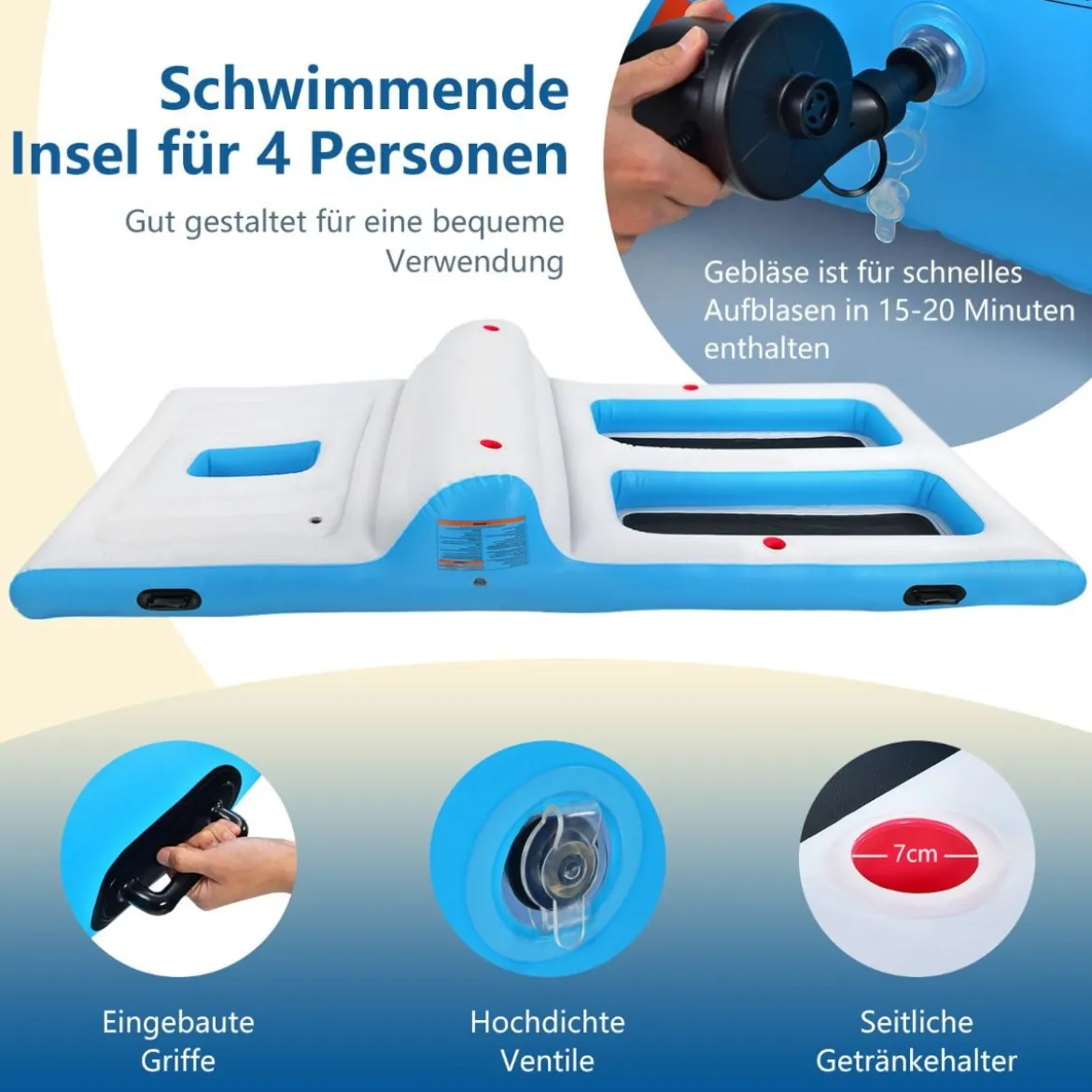 Aufblasbare Badeinsel mit 130W Luftpumpe für 4 Erwachsene 366 x 197 x 66 cm Weiß + Blau