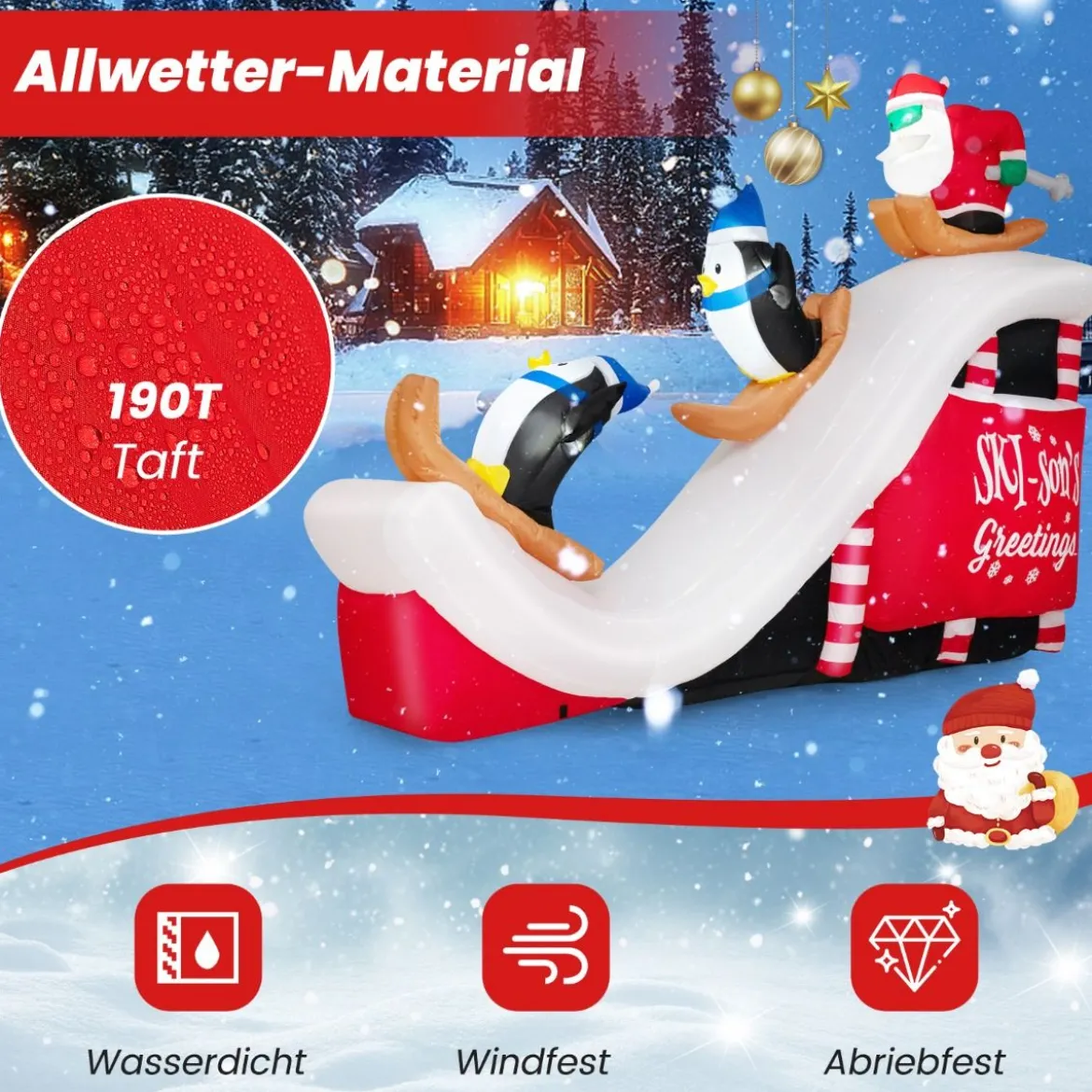 Aufblasbare Deko Weihnachten Weihnachtsmann & Pinguinen 280 x 70 x 220 cm Weiß + Rot