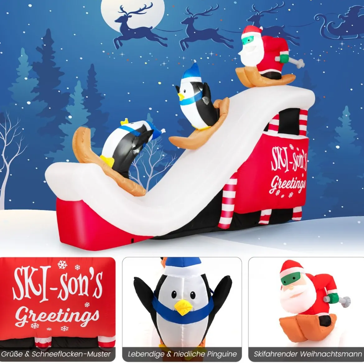 Aufblasbare Deko Weihnachten Weihnachtsmann & Pinguinen 280 x 70 x 220 cm Weiß + Rot