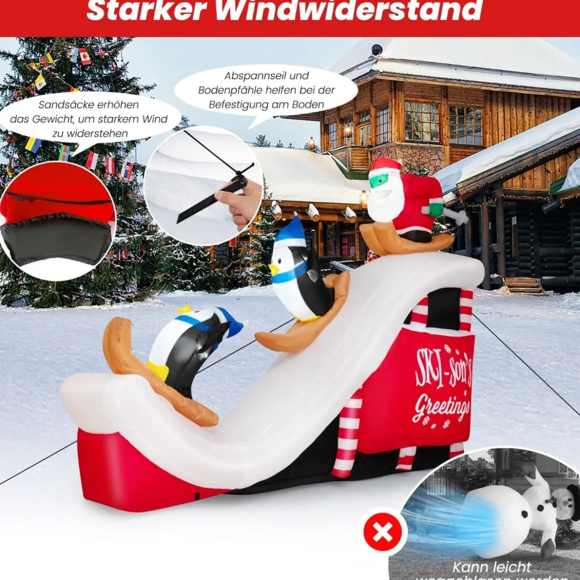 Aufblasbare Deko Weihnachten Weihnachtsmann & Pinguinen 280 x 70 x 220 cm Weiß + Rot