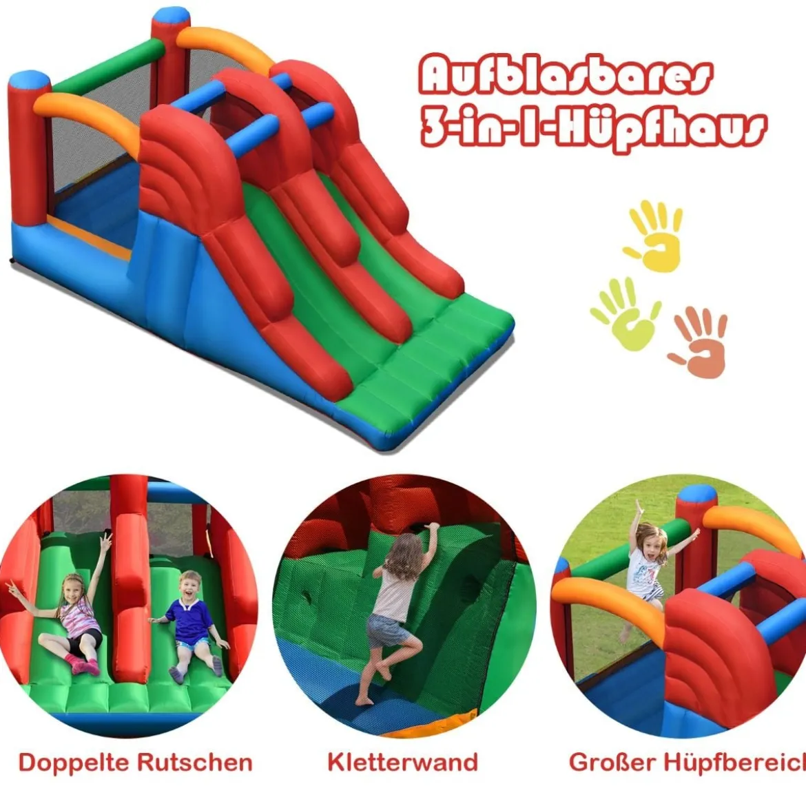 Aufblasbare Doppelrutschen-Hüpfburg 3-in-1-Hüpfburg mit Rutsche 363 x 187 x 180 cm Bunt