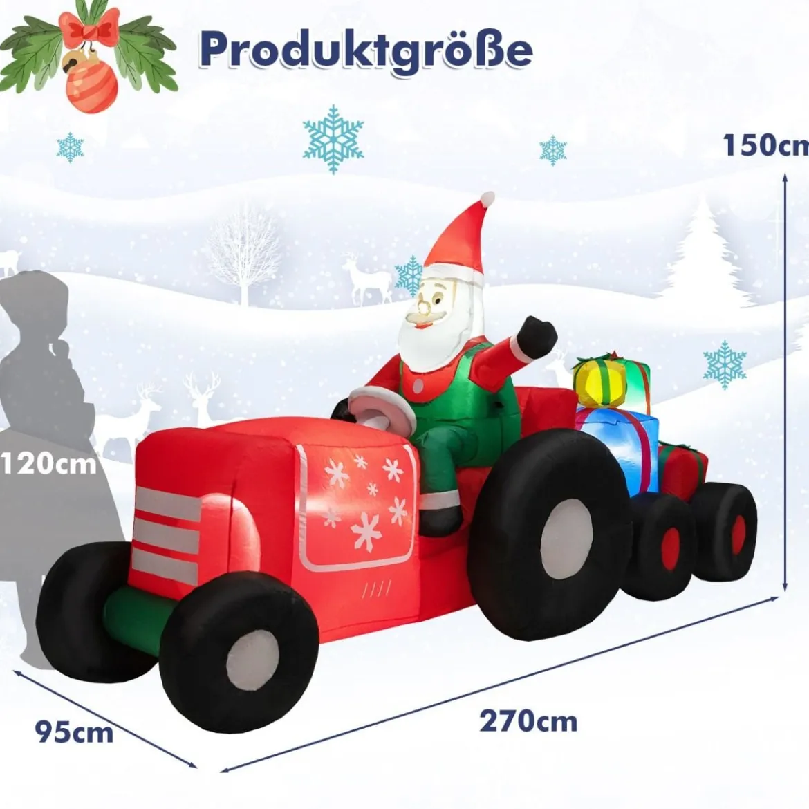Aufblasbare Festtagsdekoration Weihnachtsmann mit eingebauten hellen LED-Leuchten 270 x 95 x 150 cm