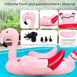 Aufblasbare Flamingo-Schwimminsel Riesen Badeinsel mit Schwimmring Luftpumpe 308 x 320 x 175 cm Rosa
