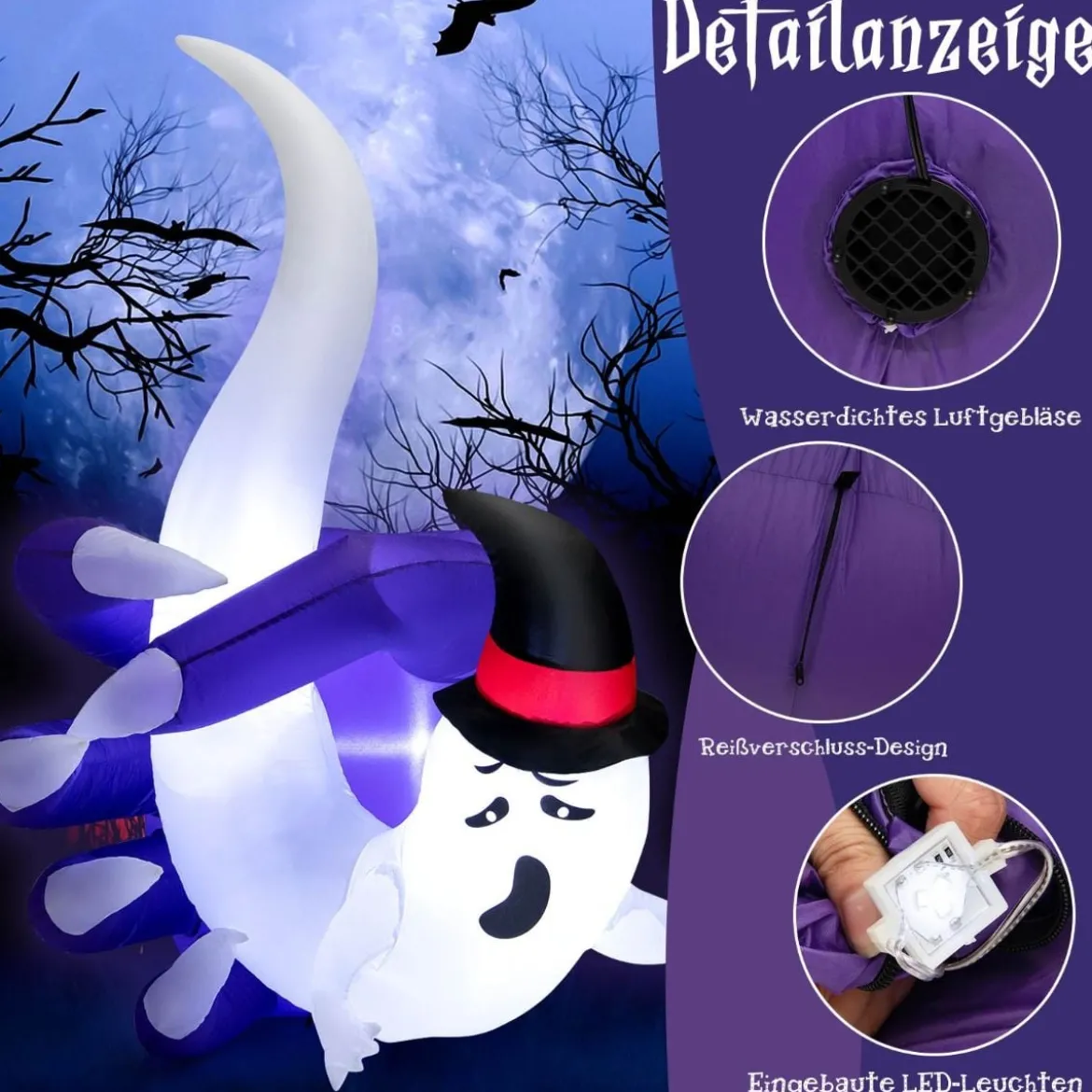 Aufblasbare Halloween-Dekoration Weißer Geist in Dämonenhand mit LED-Lichtern 140 x 90 x 190 cm