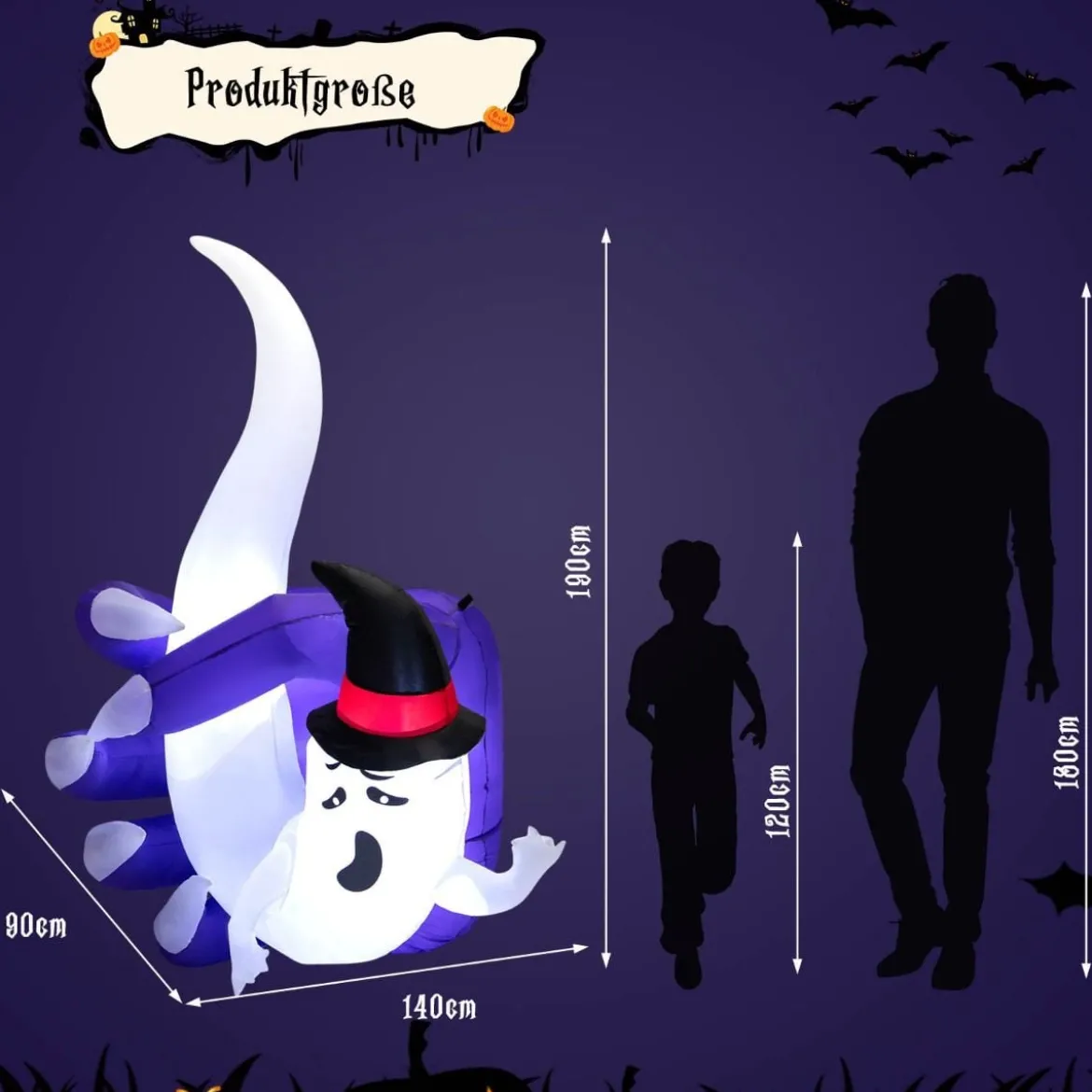 Aufblasbare Halloween-Dekoration Weißer Geist in Dämonenhand mit LED-Lichtern 140 x 90 x 190 cm