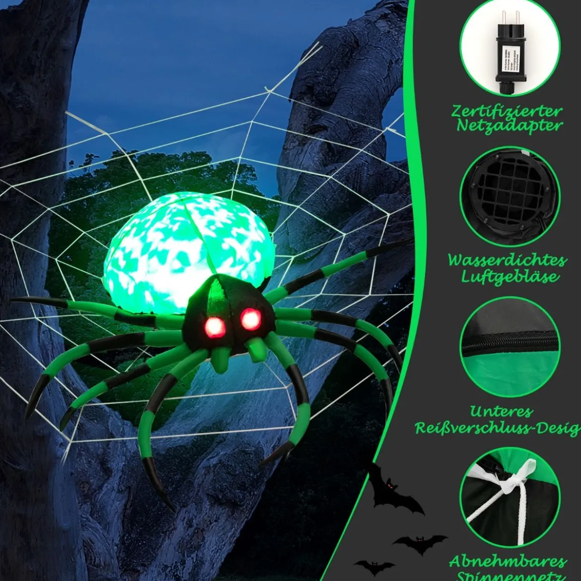 Aufblasbare Halloween-Spinne mit Spinnennetz Spinne mit Rotierendem LED-Licht