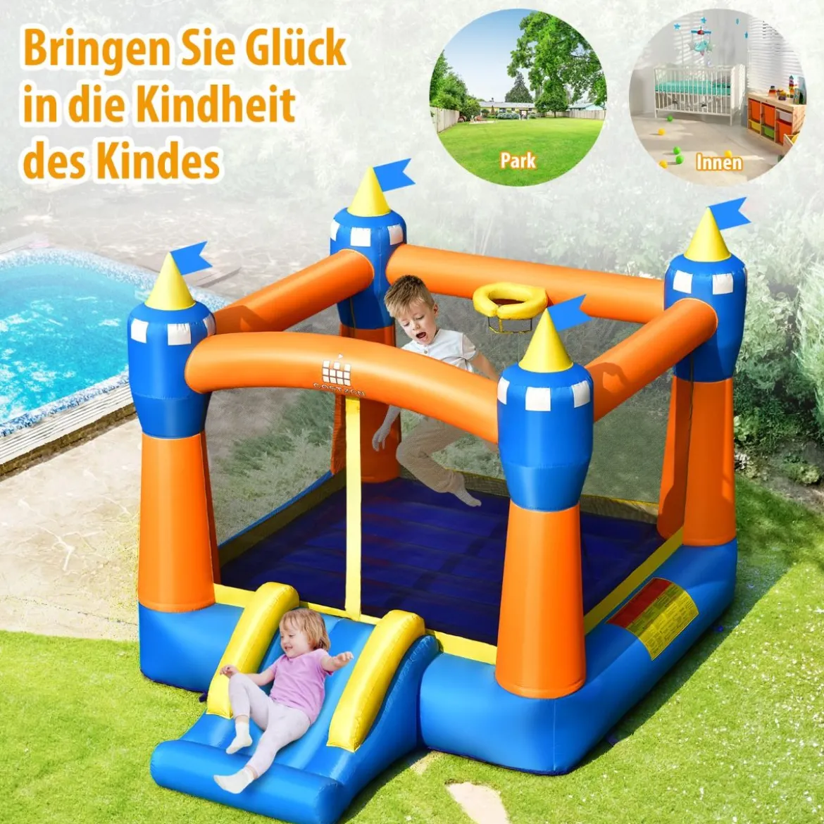 Aufblasbare Hüpfburg für drinnen und draußen 361 x 273 x 234 cm Gelb + Blau + Orange