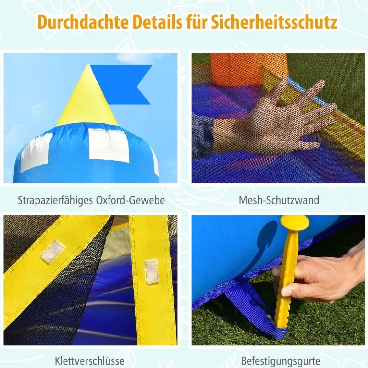Aufblasbare Hüpfburg für drinnen und draußen 361 x 273 x 234 cm Gelb + Blau + Orange