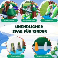 Aufblasbare Hüpfburg für Kinder mit Rutsche Bällebad Basketballkorb & Wurflöchern Spielparadies im Wintermotiv mit 735-W-Luftgebläse