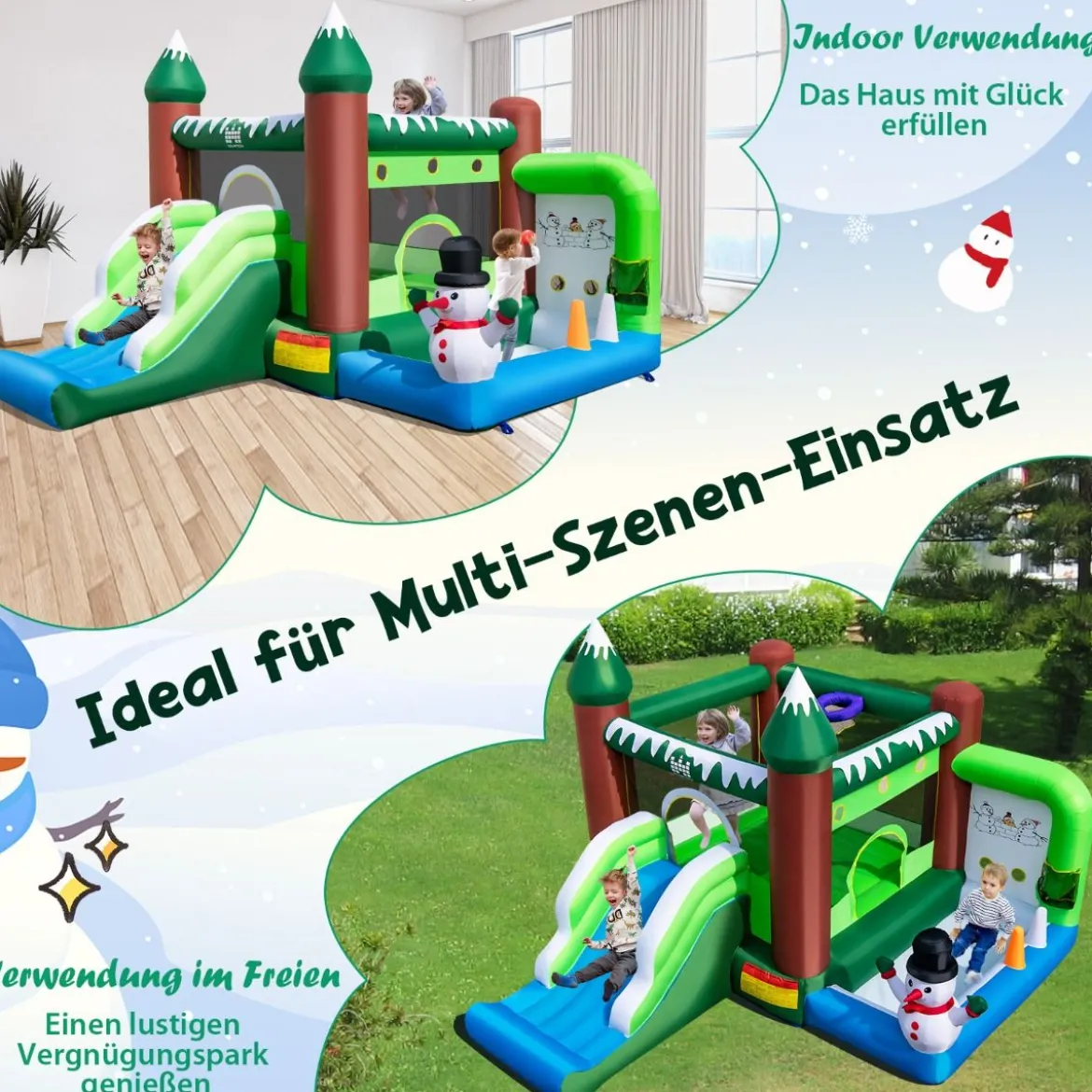 Aufblasbare Hüpfburg für Kinder mit Rutsche Bällebad Basketballkorb & Wurflöchern Spielparadies im Wintermotiv mit 735-W-Luftgebläse
