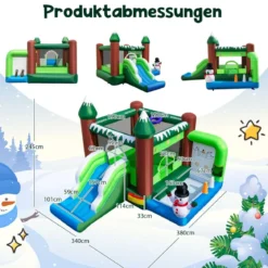 Aufblasbare Hüpfburg für Kinder mit Rutsche Bällebad Basketballkorb & Wurflöchern Spielparadies im Wintermotiv mit 735-W-Luftgebläse