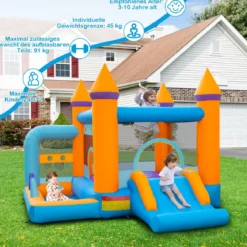 Aufblasbare Hüpfburg für Kinder mit Bällebad & Rutsche & Ringwurfspiel Inklusive 735W Gebläse