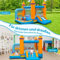 Aufblasbare Hüpfburg für Kinder mit Bällebad & Rutsche & Ringwurfspiel Inklusive 735W Gebläse