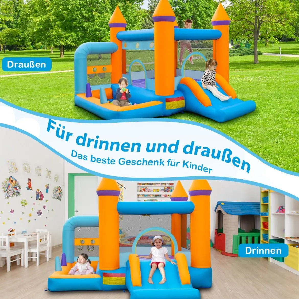 Aufblasbare Hüpfburg für Kinder mit Bällebad & Rutsche & Ringwurfspiel Inklusive 735W Gebläse